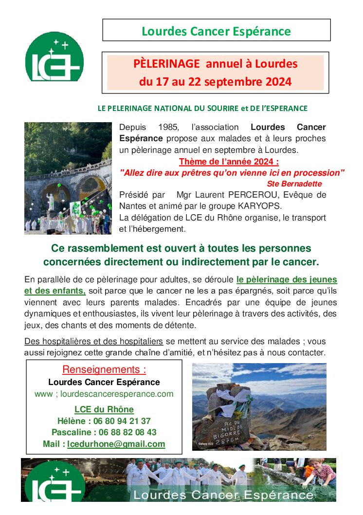 Pèlerinage Lourdes Cancer Espérance – 17 au 22 septembre 2024